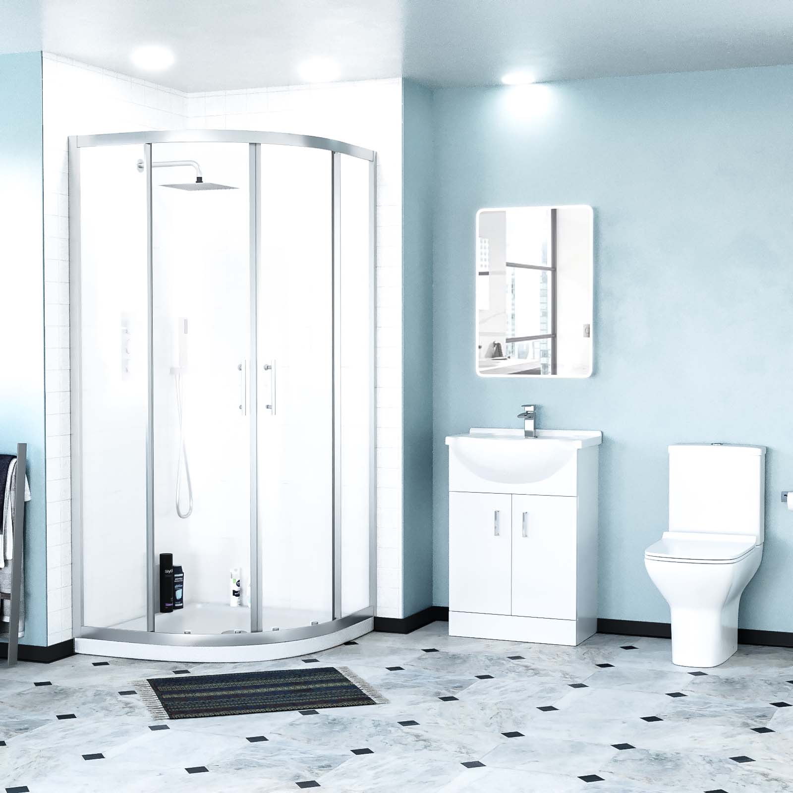 Warton Rimless Close Coupled Toilet, Flat Pack Vanity Basin Unit, 900mm Quadrant Shower Enclosure and Shower Tray Suite White